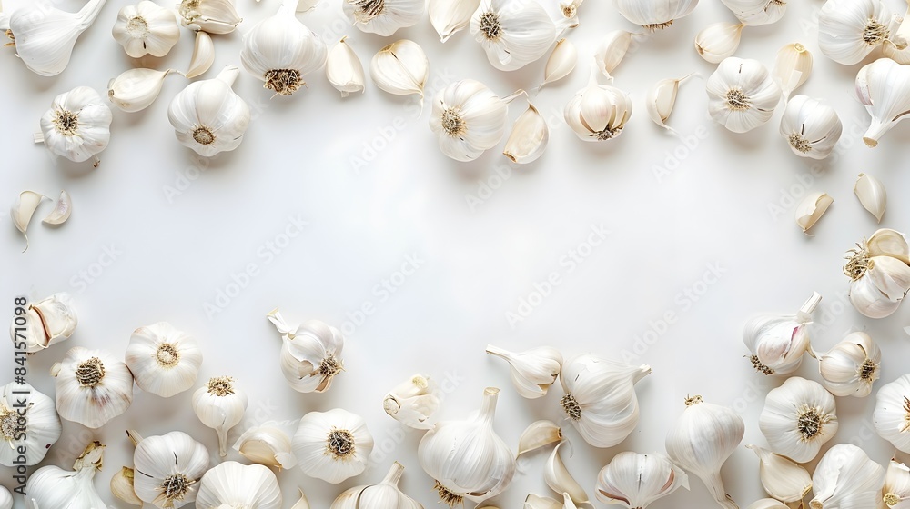 Elegant Border Frame of Vibrant Garlic Bulbs on Pristine White Background Elegant Border Frame of Vibrant Garlic Bulbs on Pristine White Background