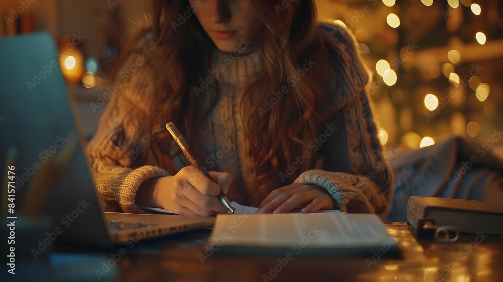 Focused Woman Writing Notes from Textbooks and Laptop in Warm Cozy Study Environment Focused Woman Writing Notes from Textbooks and Laptop in Warm Cozy Study Environment