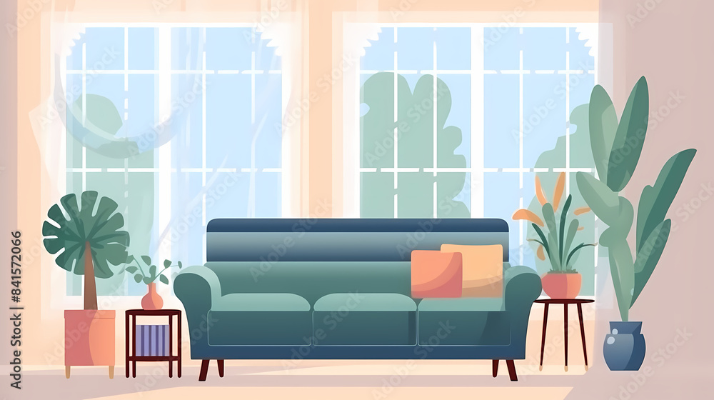 Living room interior. Comfortable sofa, window, chair and house plants. Paper cut style Living room interior. Comfortable sofa, window, chair and house plants. Paper cut style