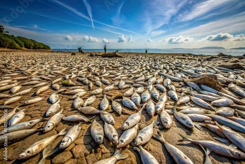 dying fish land on dried up sea. Sea environmental concern and issue photo