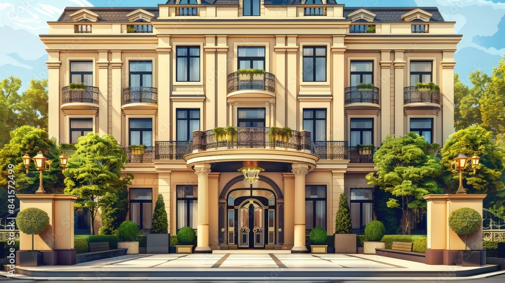 Obraz premium Create an image of an elegant hotel building with luxurious design features and an inviting entrance, representing hospitality and comfort.
