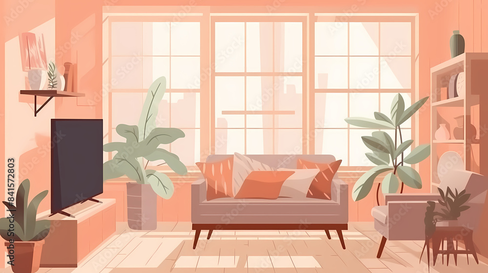 Living room interior. Comfortable sofa, window, chair and house plants. Paper cut style Living room interior. Comfortable sofa, window, chair and house plants. Paper cut style