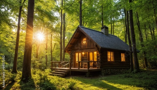 Serene image of a cozy wooden cabin nestled in a sunlit forest. The warm glow of the cabin contrasts with the lush green surroundings  creating a peaceful and inviting atmosphere.