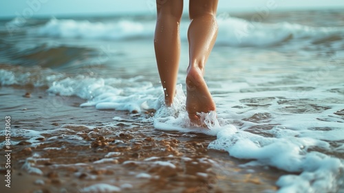 Legs of a woman walking along the sea shore leaving traces on wet sand as travel and vacation trip concept photo