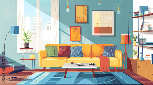 Living room interior. Comfortable sofa, window, chair and house plants. Paper cut style © ak159715