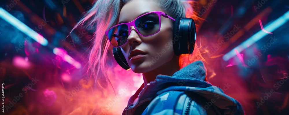 Trendy woman with headphones in neon lights, stylish outfit, futuristic vibe, vibrant colors, modern fashion, music, nightlife, portrait. Trendy woman with headphones in neon lights, stylish outfit, futuristic vibe, vibrant colors, modern fashion, music, nightlife, portrait.
