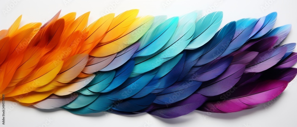 Vibrant multi-colored gradient feather arrangement with warm to cool transitions on white background, evoking creativity and diversity. Vibrant multi-colored gradient feather arrangement with warm to cool transitions on white background, evoking creativity and diversity.
