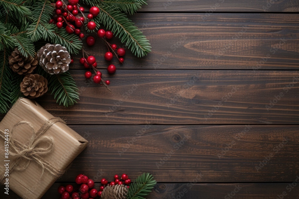 Top view of a wrapped present and holiday ornaments on a wooden background Top view of a wrapped present and holiday ornaments on a wooden background