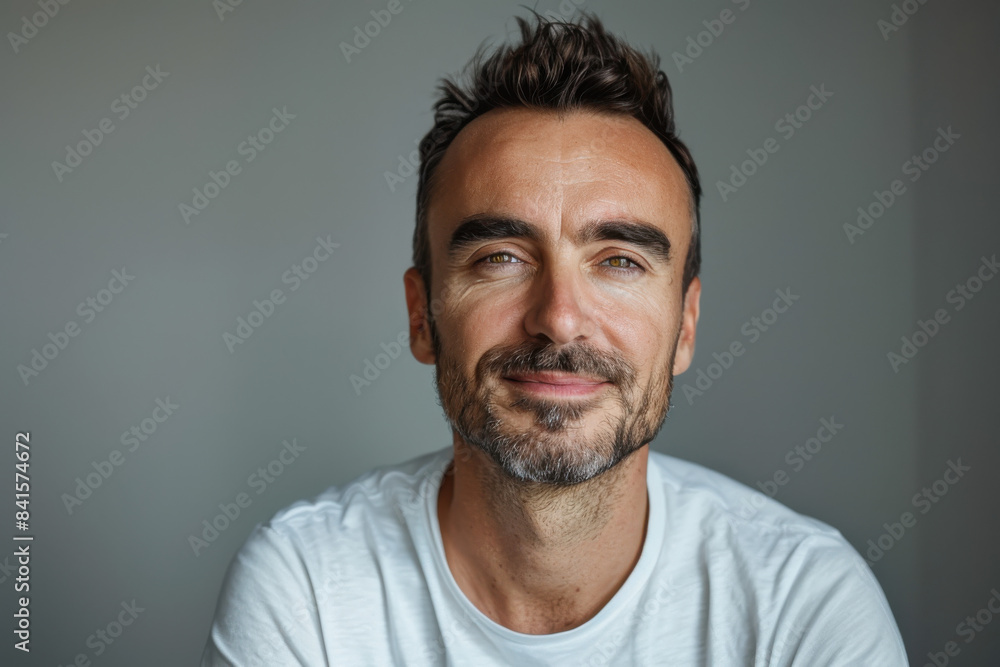 A close up portrait of a young man with a subtle smile A close up portrait of a young man with a subtle smile