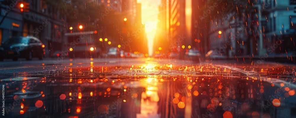 Golden Hour Reflections, Cityscape Bathed in Rain and Sunlit Puddles Golden Hour Reflections, Cityscape Bathed in Rain and Sunlit Puddles