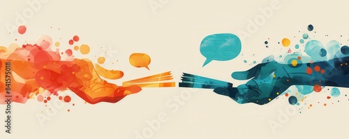 Two Watercolor Hands Passing a Stack of Papers with Speech Bubbles, A Visual Representation of Collaboration and Shared Knowledge