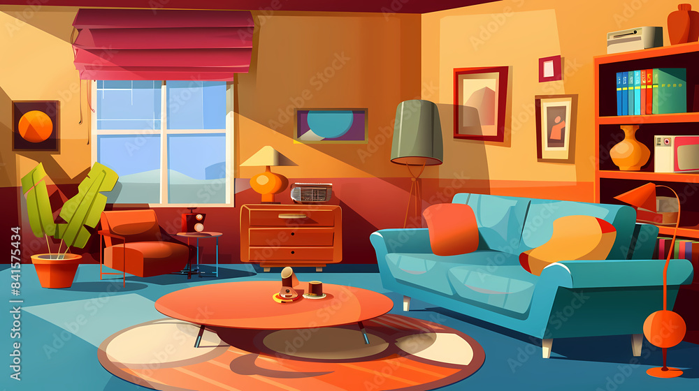 Living room interior. Comfortable sofa, window, chair and house plants. 