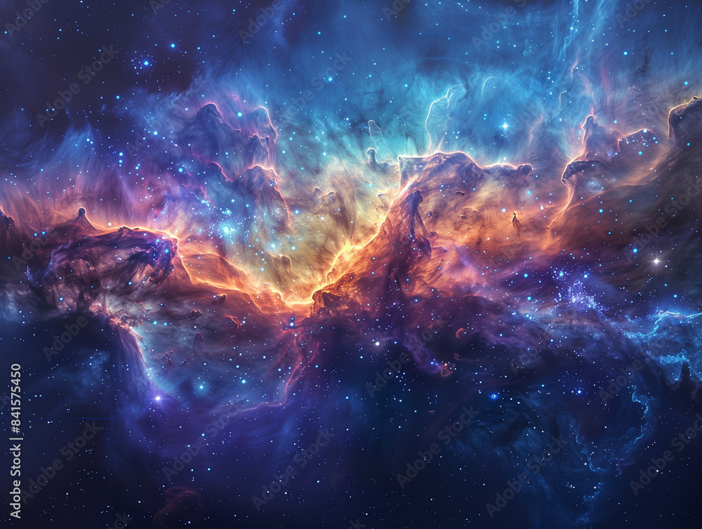 Fototapeta premium space background with glowing huge nebula with young stars, equirectangular projection