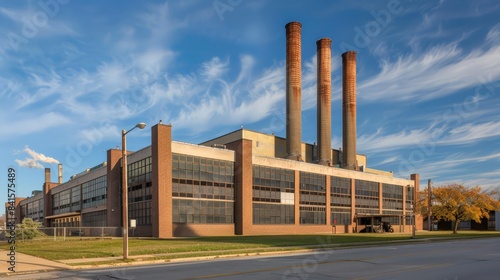 Create an image of an industrial building with large chimneys and functional design, emphasizing the architecture of manufacturing.