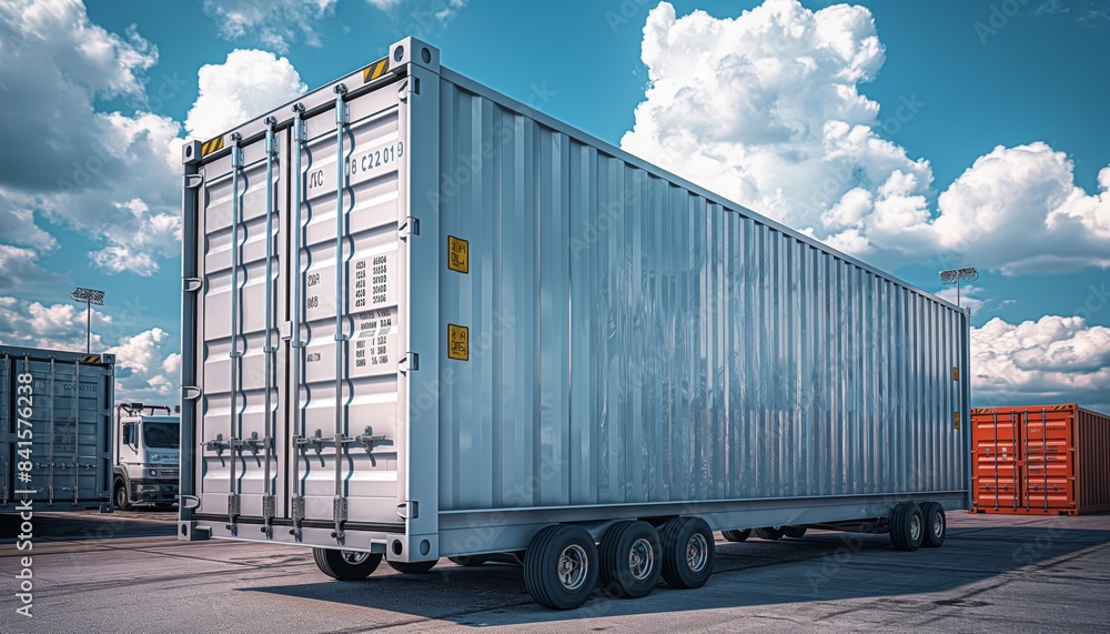 Shipping container on truck at port Shipping container on truck at port
