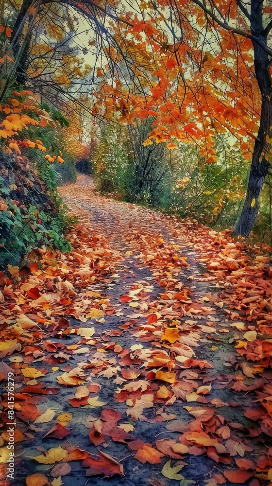 Winding path covered in autumn leaves Winding path covered in autumn leaves