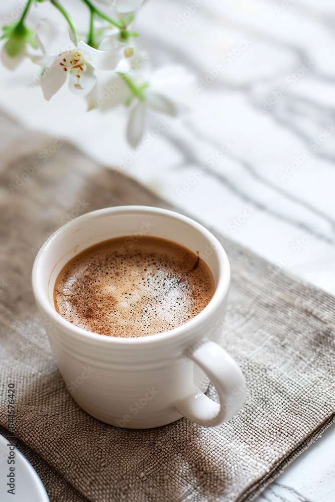 Cup of coffee on burlap with white bloom in background Cup of coffee on burlap with white bloom in background