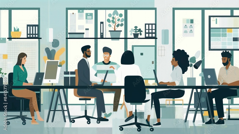 A diverse team of professionals collaborating in a modern office. The scene should show teamwork and leadership, with a focus on digital devices and a bright, open workspace. A diverse team of professionals collaborating in a modern office. The scene should show teamwork and leadership, with a focus on digital devices and a bright, open workspace.