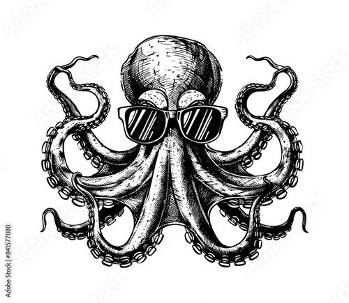 octopus sunglasses engraving black and white outline