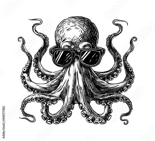 octopus sunglasses engraving black and white outline