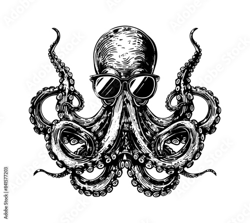 octopus sunglasses engraving black and white outline