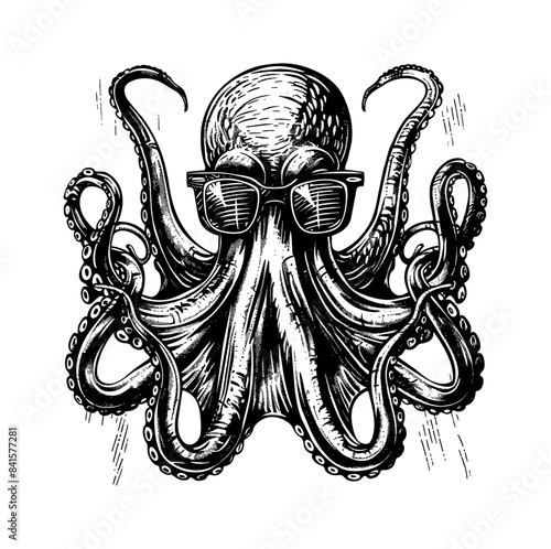 octopus sunglasses engraving black and white outline