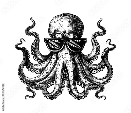 octopus sunglasses engraving black and white outline