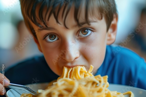 Close-up shot of a young boy eagerly eating a forkful of spaghetti photo