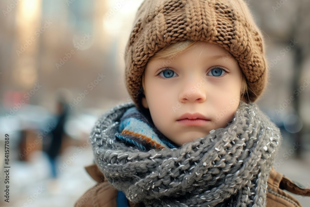 Close-up of a young child with blue eyes bundled up in a warm scarf and hat Close-up of a young child with blue eyes bundled up in a warm scarf and hat