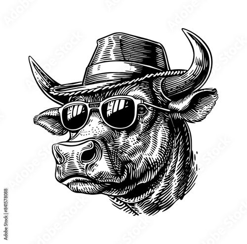 bull cowboy sunglasses hat engraving black and white outline