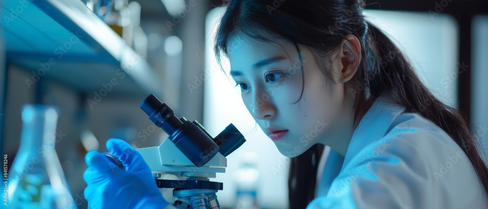 Student young girl examining biotechnology health medical. Researcher ...