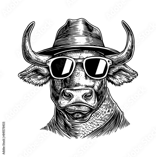 bull cowboy sunglasses hat engraving black and white outline