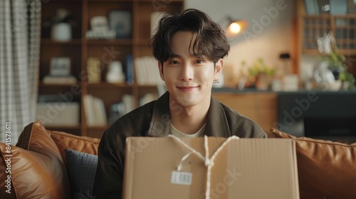 Handsome man unpacking unboxing cardboard carton box with protective foam pads inside after buying ordering online via internet a present good. photo