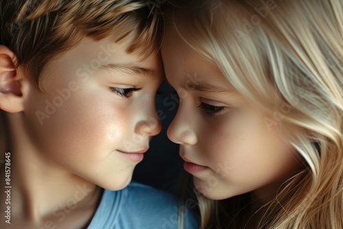 Intimate and tender moment between siblings. A young boy and girl. Showing close and affectionate bonding. Calm and serene. With gentle and warm eye contact