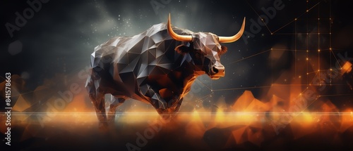 A polygonal bull with sharp edges stands amid a dynamic  fiery background  evoking strength and determination.