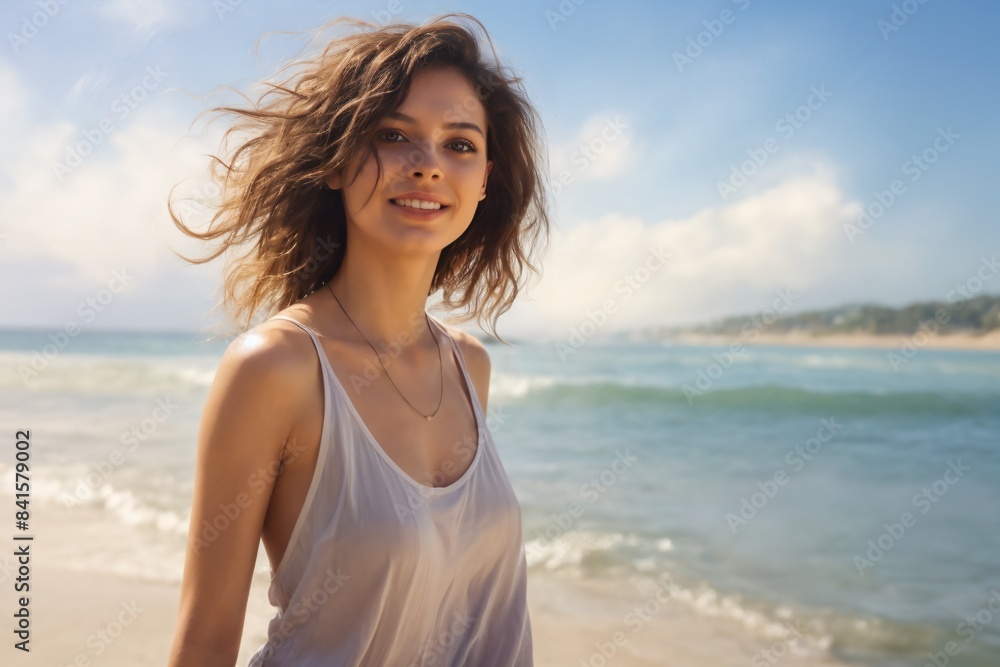A woman with wavy hair and casual clothes smiles at the camera while standing on a sandy beach with the ocean and a clear blue sky in the background. A woman with wavy hair and casual clothes smiles at the camera while standing on a sandy beach with the ocean and a clear blue sky in the background.