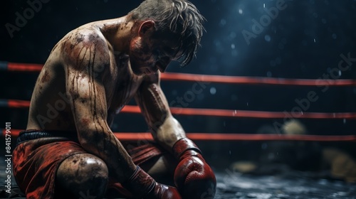 A bloodied, exhausted boxer sits in the ring with head bowed, surrounded by a dimly lit, dramatic atmosphere.