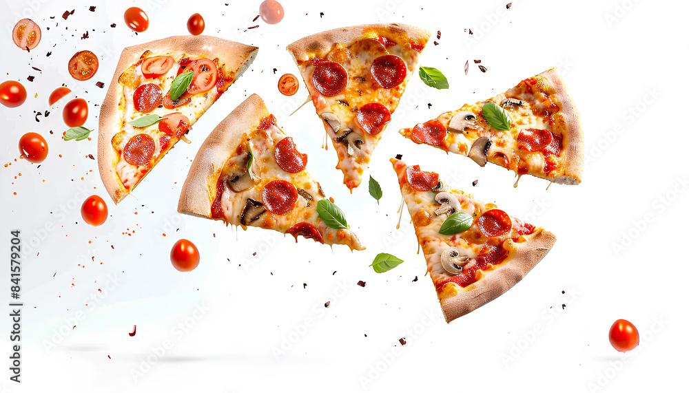 Flying slices of tasty pizzas on white background Flying slices of tasty pizzas on white background