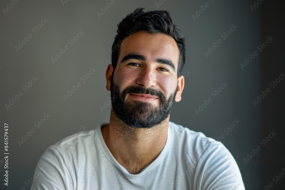 A close up portrait of a young man with a subtle smile A close up portrait of a young man with a subtle smile