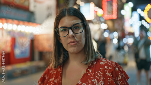 At night, on shinsekai street; a beautiful, serious hispanic woman with glasses stands, deep in thought under osaka's urban lights. her confident, yet sad expression tells a story. photo