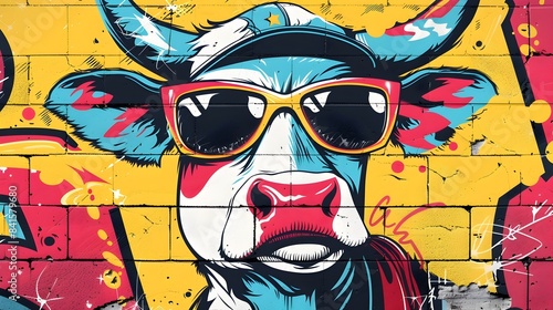 Colorful Cartoon Cow in Sunglasses Adorning a Vibrant Street Art Mural