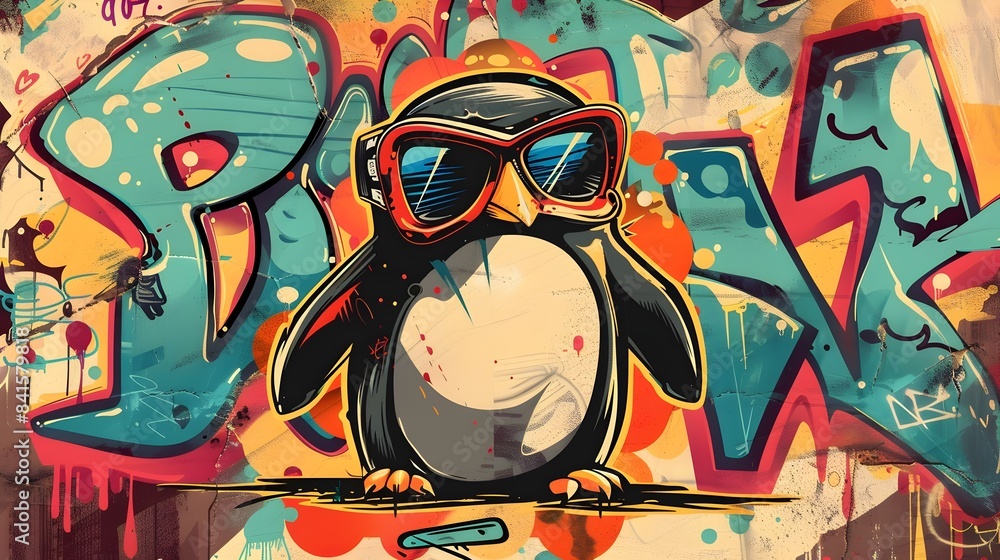 Colorful Graffiti Inspired Penguin in Sunglasses on Urban Wall Mural Colorful Graffiti Inspired Penguin in Sunglasses on Urban Wall Mural