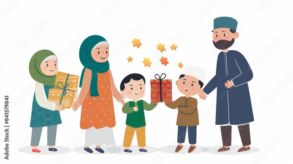 Design a graphic of children receiving Eidi (gifts) from elders, highlighting the joy and generosity of Eid celebrations. Design a graphic of children receiving Eidi (gifts) from elders, highlighting the joy and generosity of Eid celebrations.