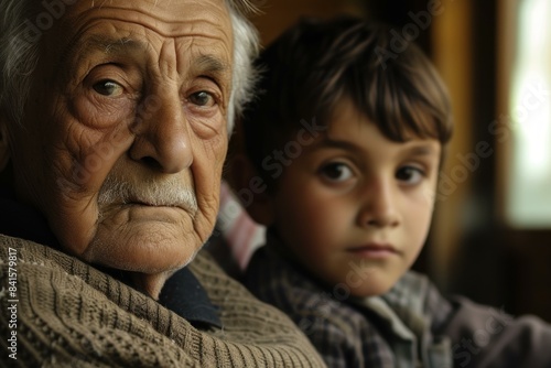 Portrait of an elderly man and a young boy, showcasing a silent, profound connection between generations