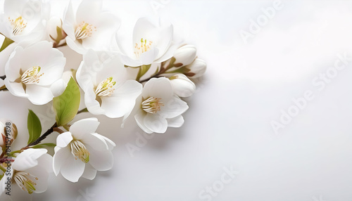 a bunch of white flowers on a white surface background with empty space, minimalism