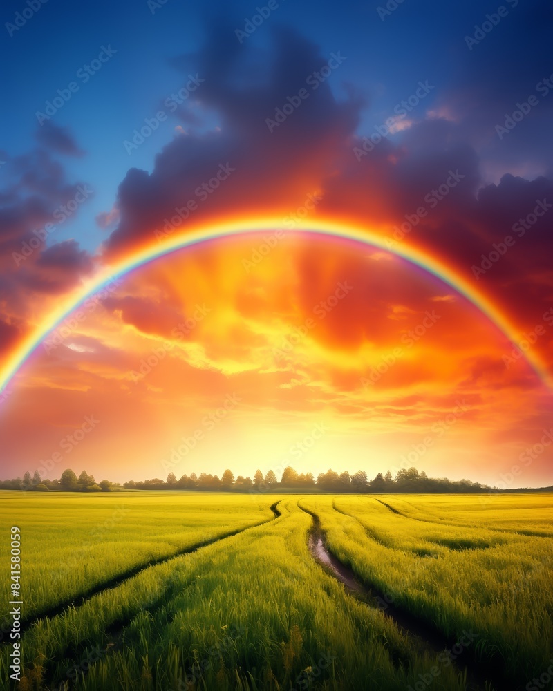 Naklejka premium A vibrant sunset illuminates the sky with a gradient of deep oranges and purples. A rainbow arches over a green field lined with paths, creating a serene and magical landscape.