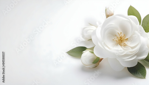 white flowers with green leaves on a white background surface with empty space