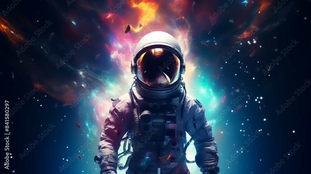 Astronaut floating in space with a vibrant, colorful cosmic background filled with stars and nebulae. Astronaut floating in space with a vibrant, colorful cosmic background filled with stars and nebulae.