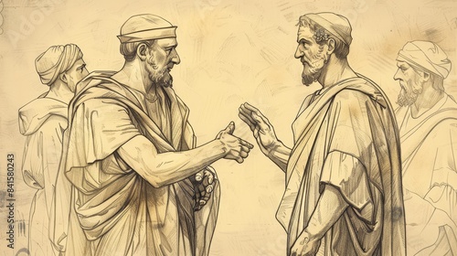 Revelation and Forgiveness in Genesis 45: Joseph Reveals Himself, Reconciliation, Jacob's Invitation - Biblical Illustration on Beige Background with Copyspace for Faith-Based Themes