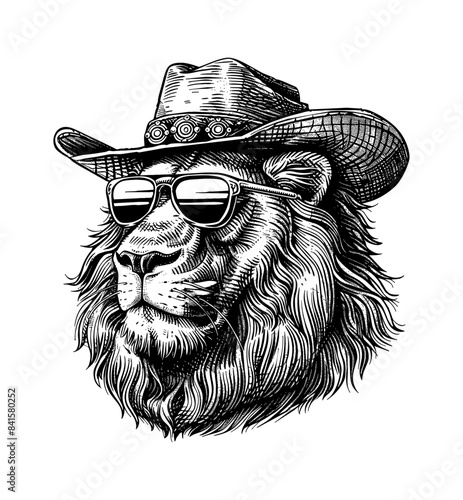 lion cowboy sunglasses engraving black and white outline